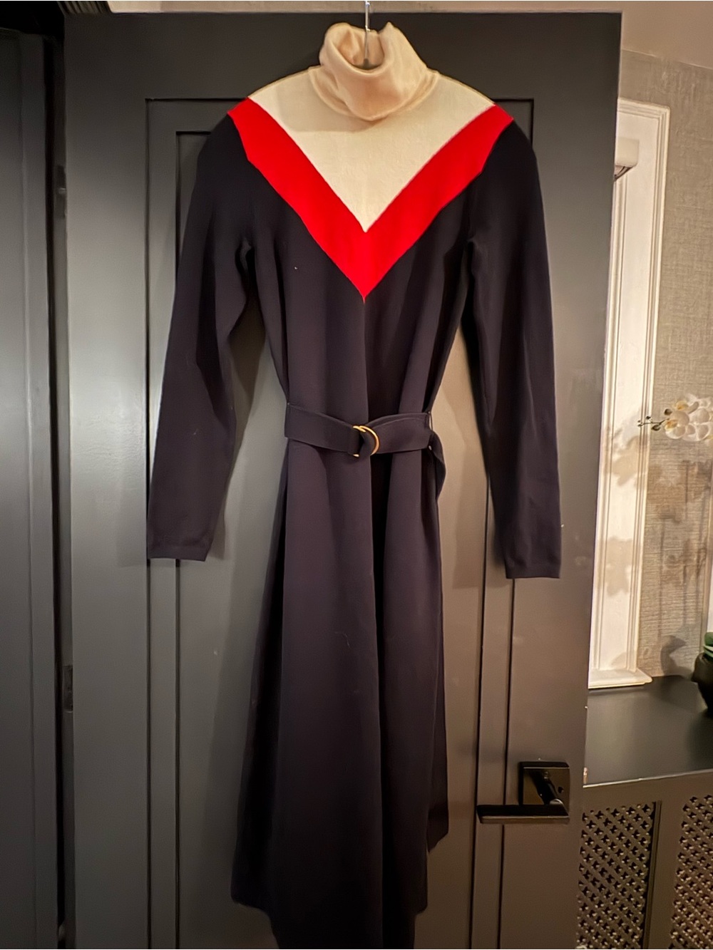 Tory Burch Black Turtleneck Midi Dress with Red & Cream Chevron